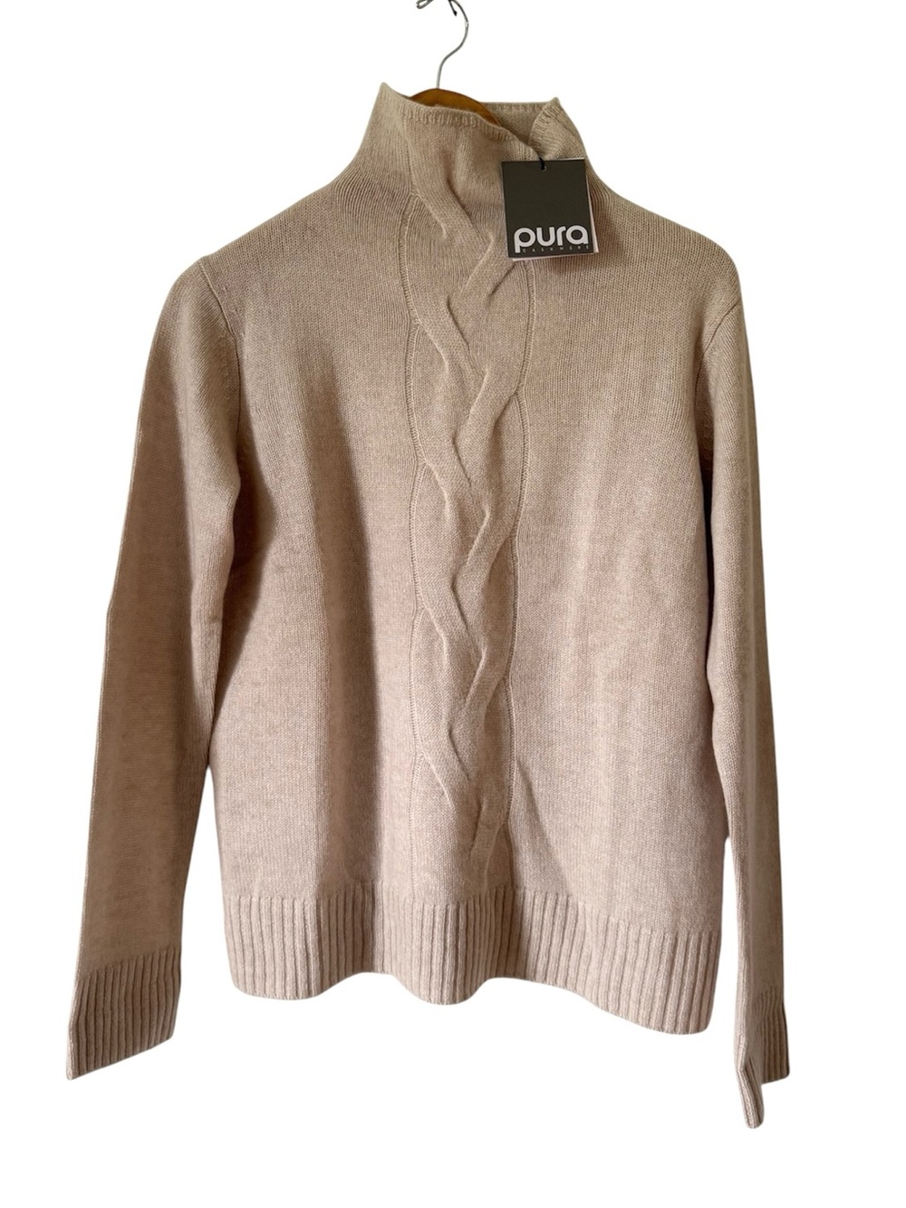 Pura 100% Cashmere Sweater Mock Neck Cable Knit Beige Womens Large NWT NEW